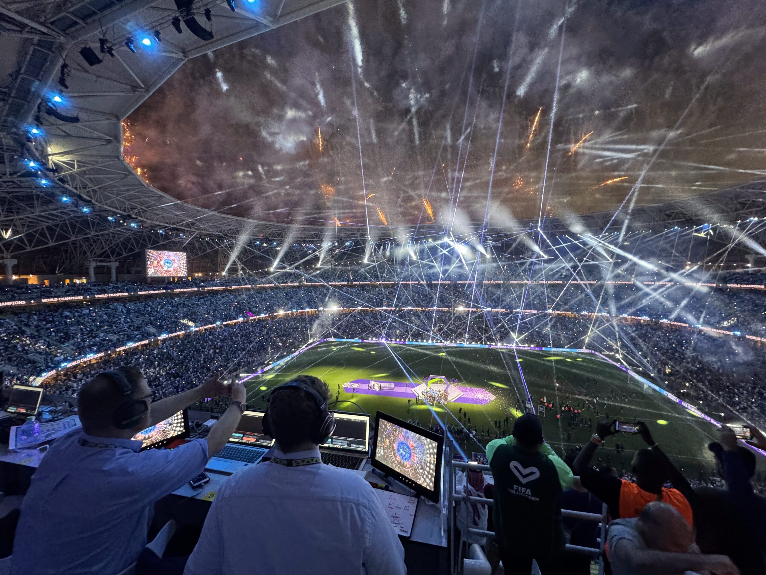 A scene inside a soccer stadium from the press box.