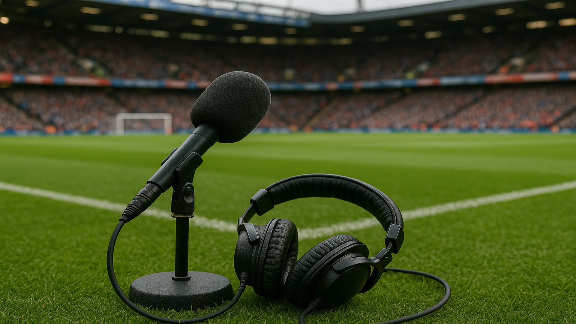 An image of a sports stadium. Crowds in the background with a microphone and headphones in the foreground.